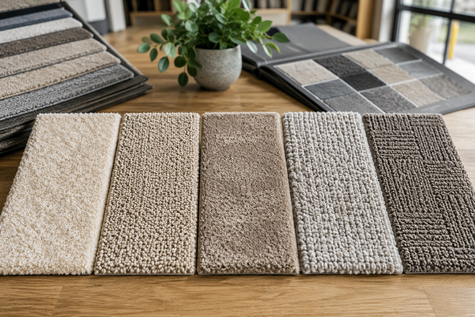 Carpet samples showing plush, twist, textured, loop and cut-and-loop pile styles