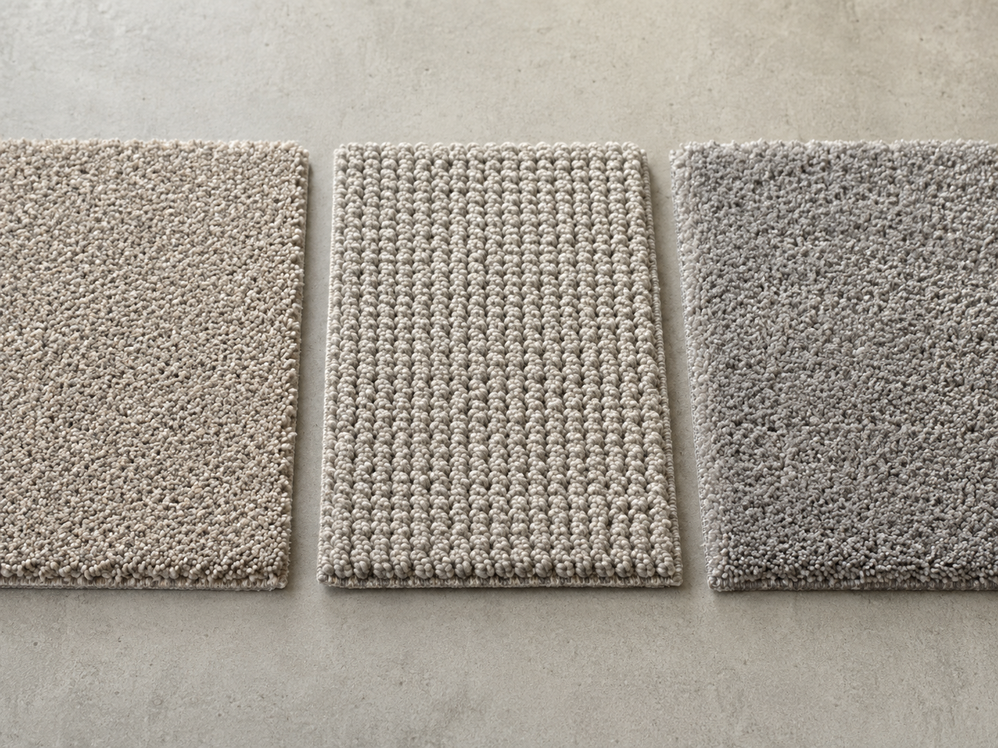 Twist pile loop pile and plush carpet samples compared for high traffic areas