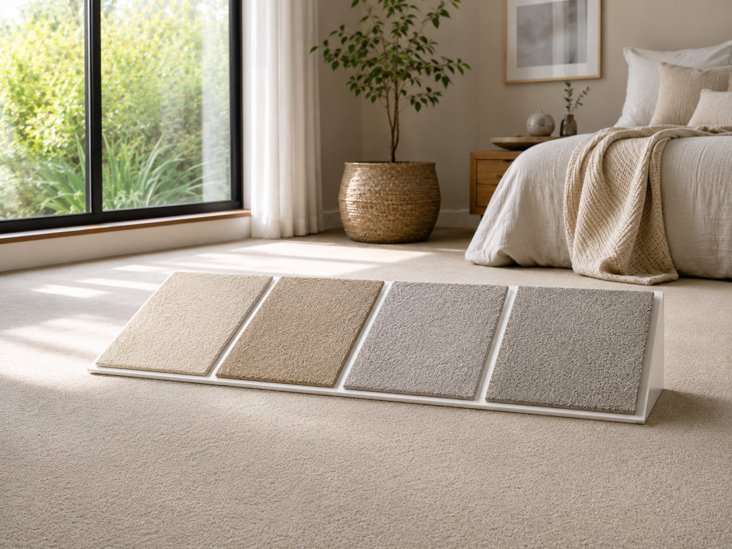 Carpet samples compared in natural light to judge colour, tone and texture