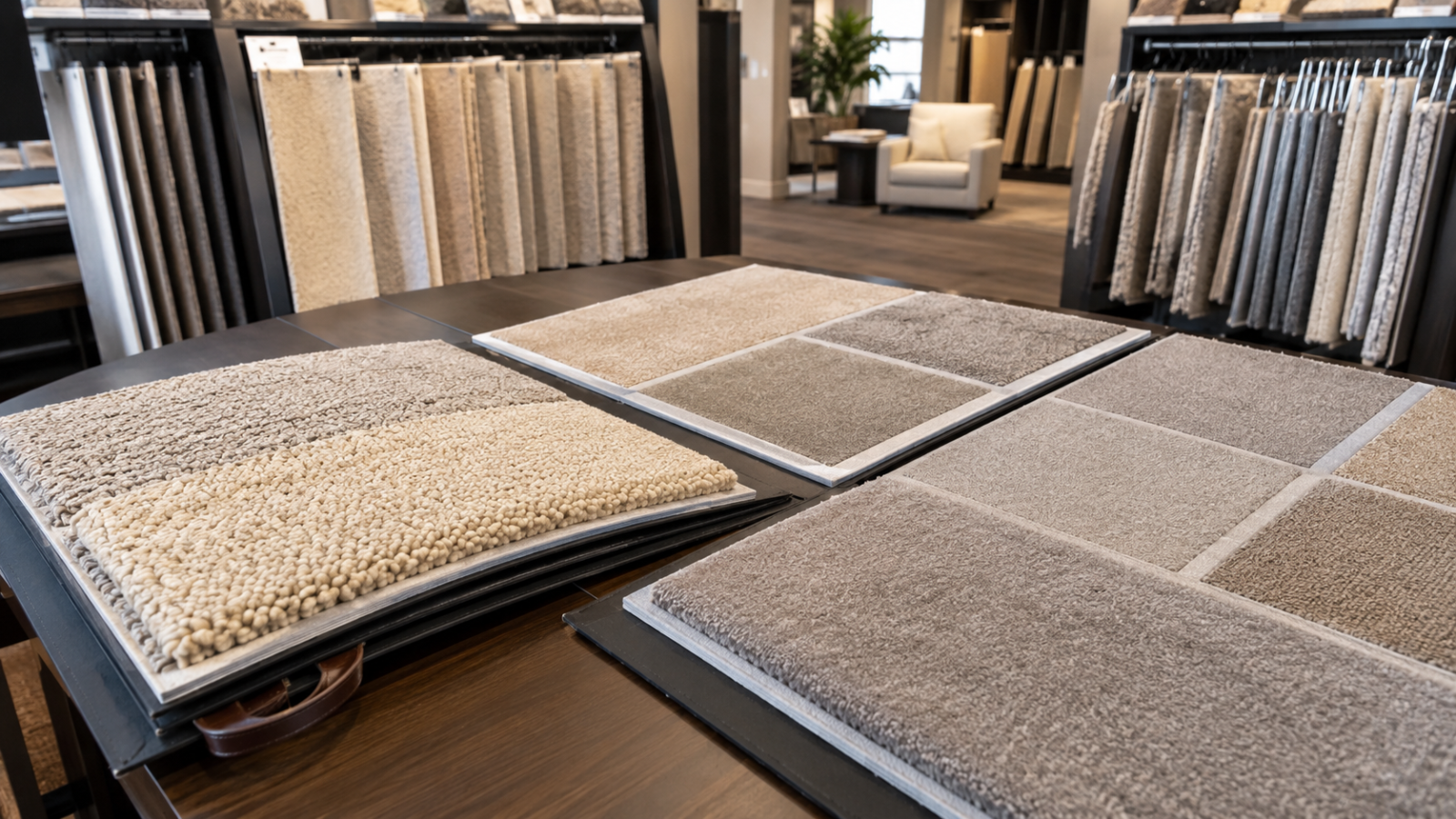 Wool and solution dyed nylon carpet samples compared in a showroom