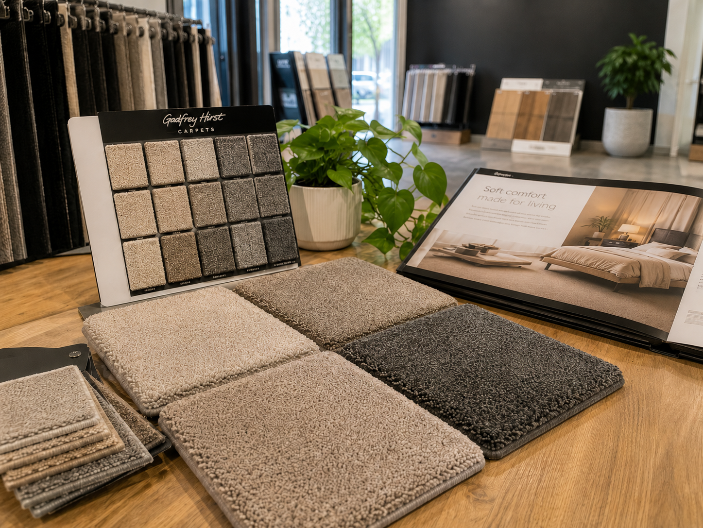 Carpet samples being compared in a showroom