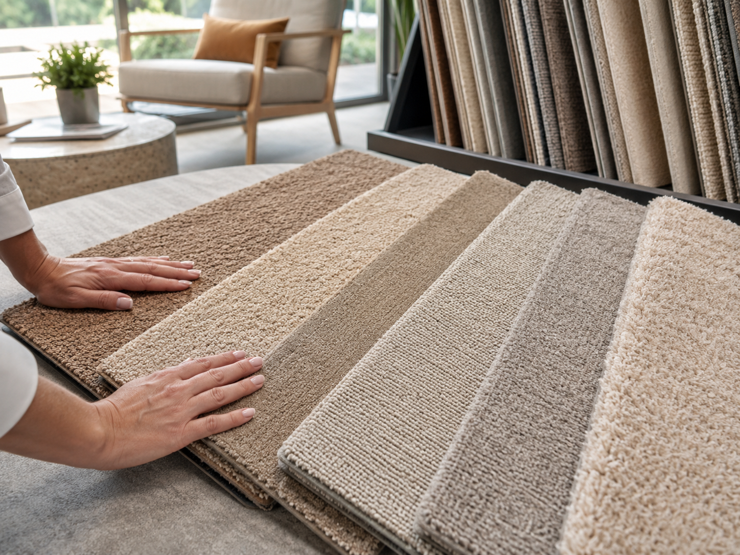 Carpet samples being compared in person in a showroom setting