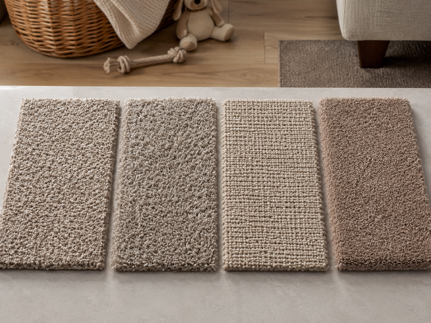 Mid tone textured carpet samples for hiding marks hair and daily mess
