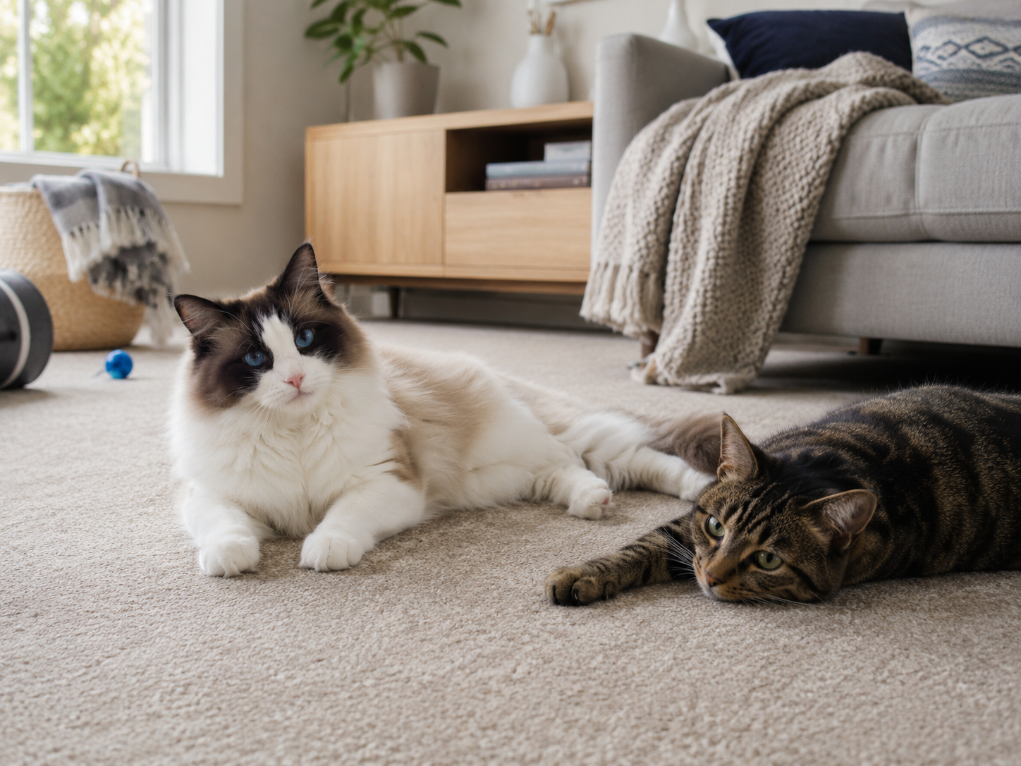 Pet friendly carpet with cats relaxing in a busy living room