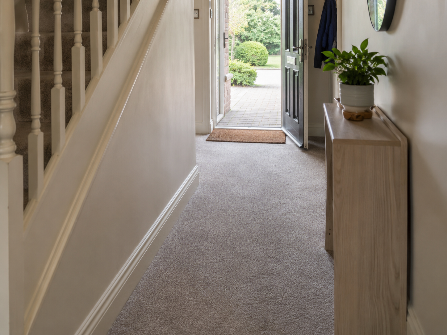 Entry hallway with carpet near the front door