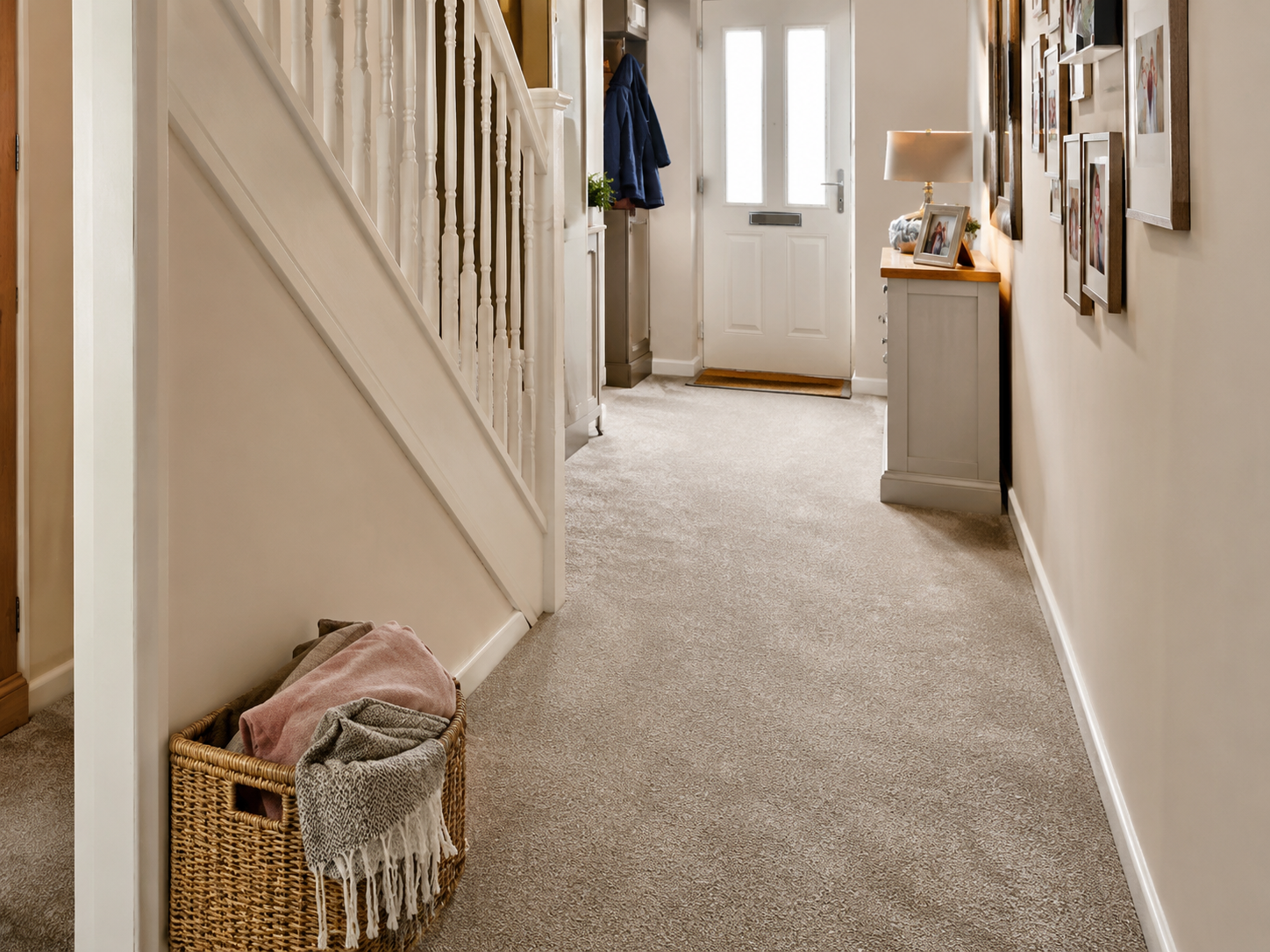 Family home hallway with warm practical carpet