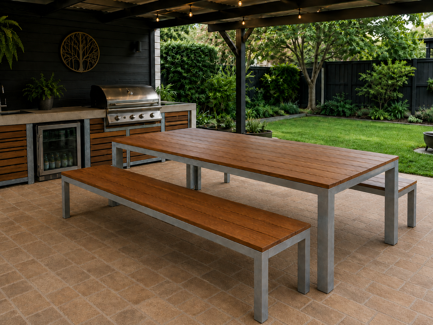 Galvanised timber outdoor table and bench setting in a covered backyard BBQ and patio area