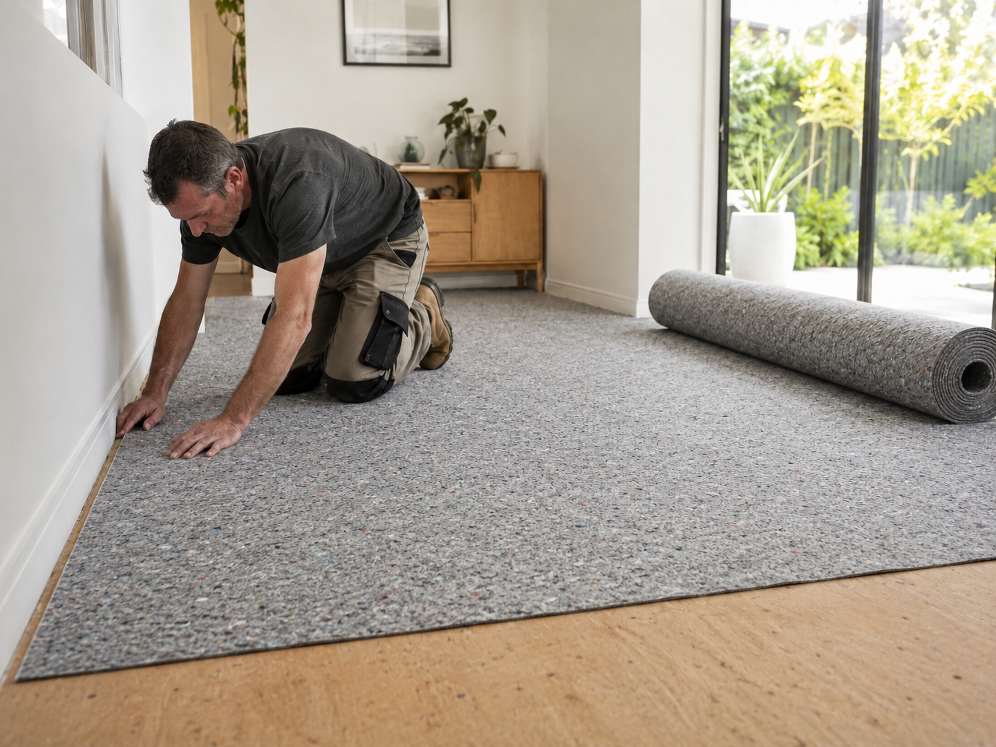 Professional carpet installer fitting recycled textile underlay in a modern Melbourne home