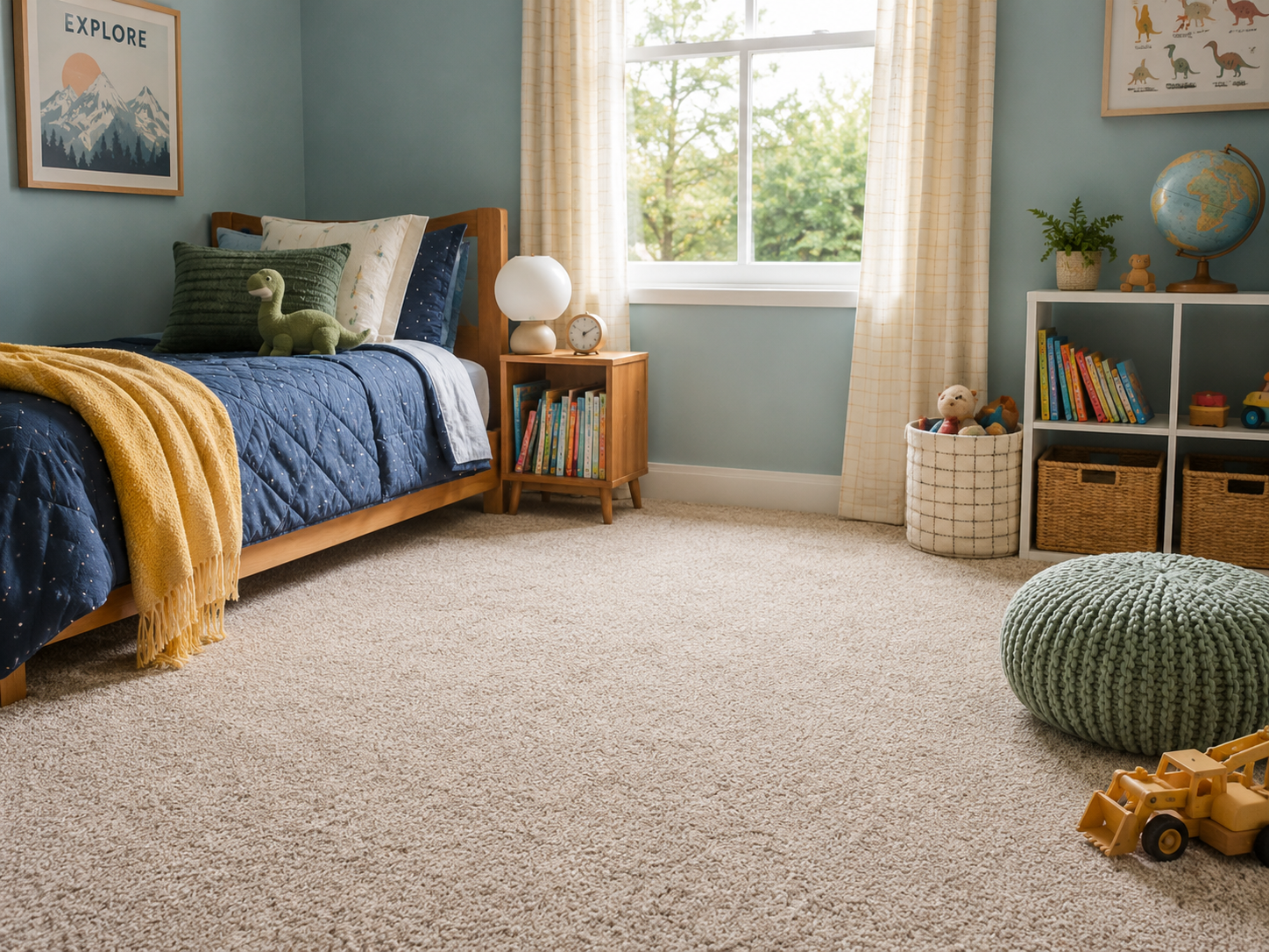 Kids bedroom with practical soft carpet
