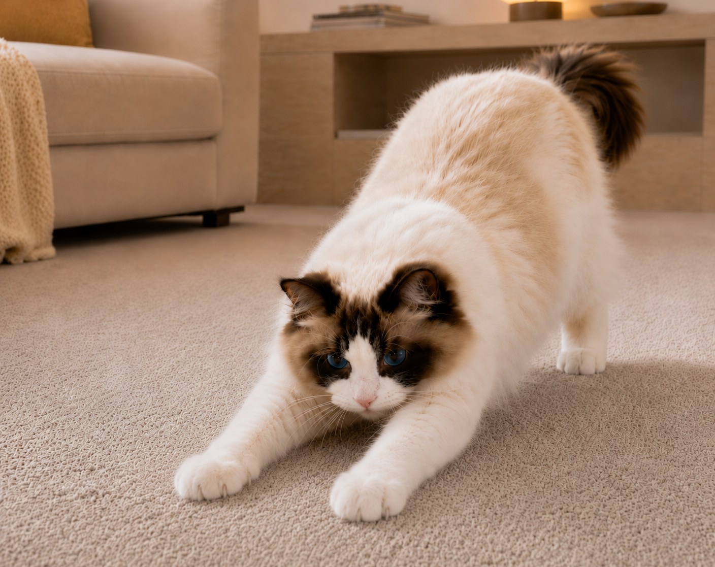 Phaser clawing at carpet to show why pile style matters for pet homes