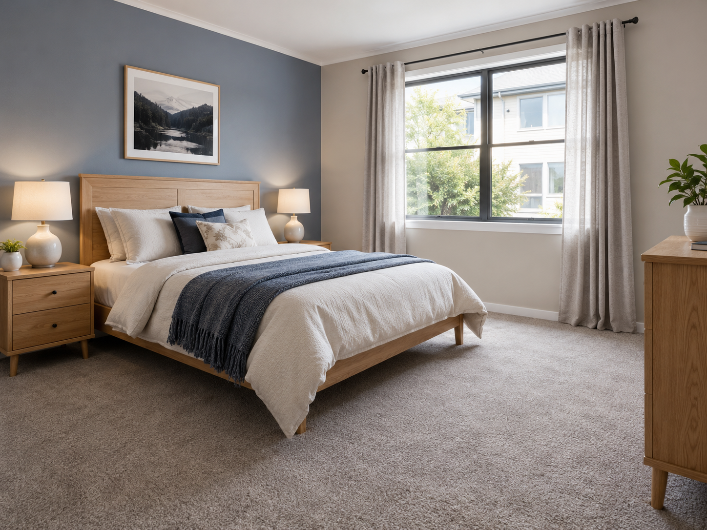 Rental bedroom with practical neutral carpet
