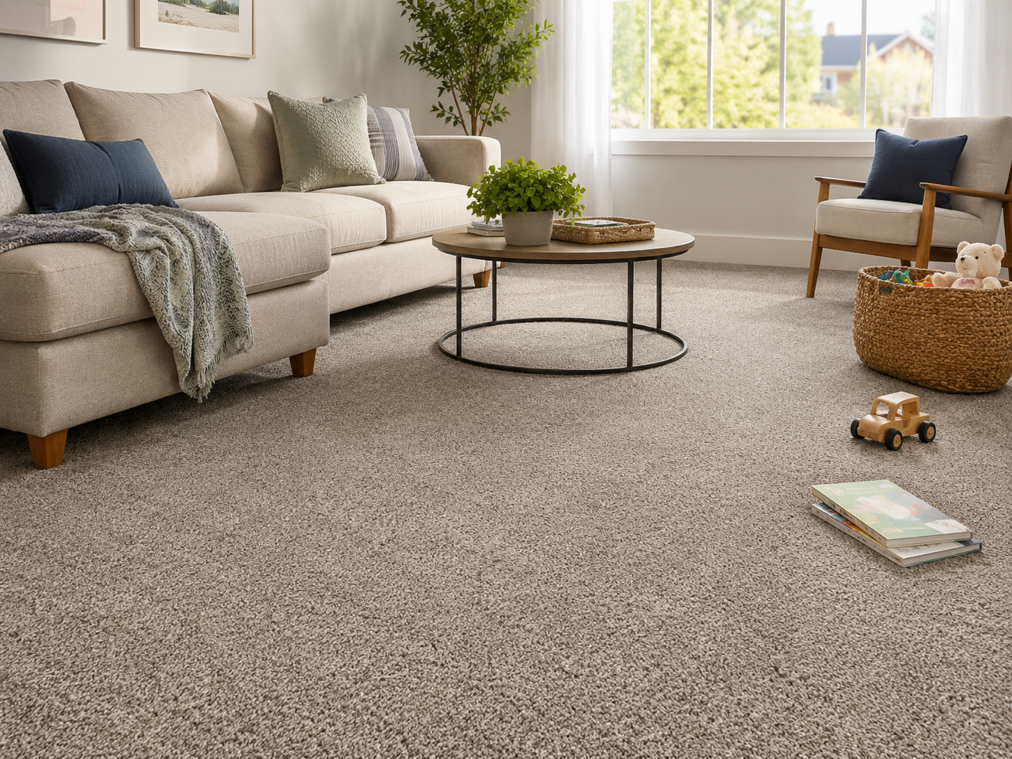 Solution dyed nylon carpet in a practical family living room with sofa and natural light