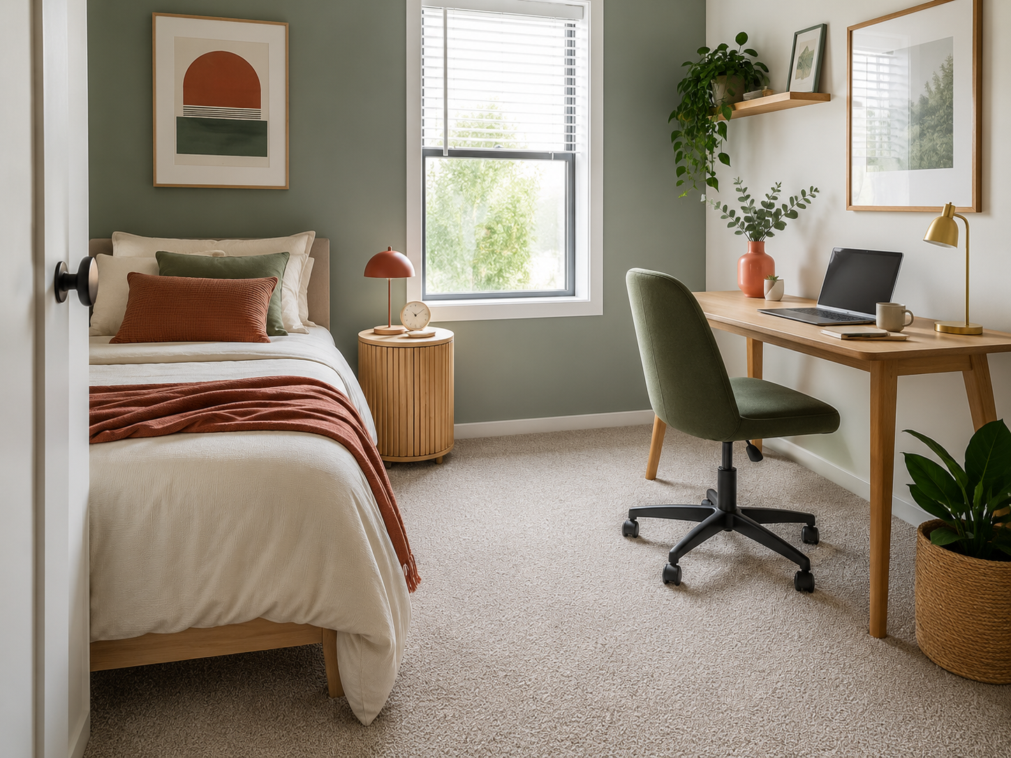Spare bedroom used as a home office with carpet