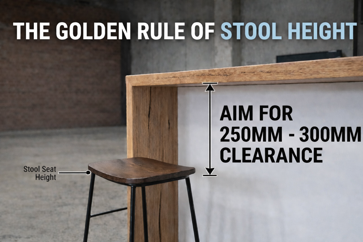 Bar stool clearance guide showing the distance between stool seat and underside of counter