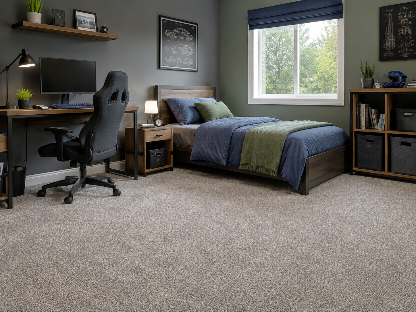 Teenager bedroom with carpet, bed and study desk