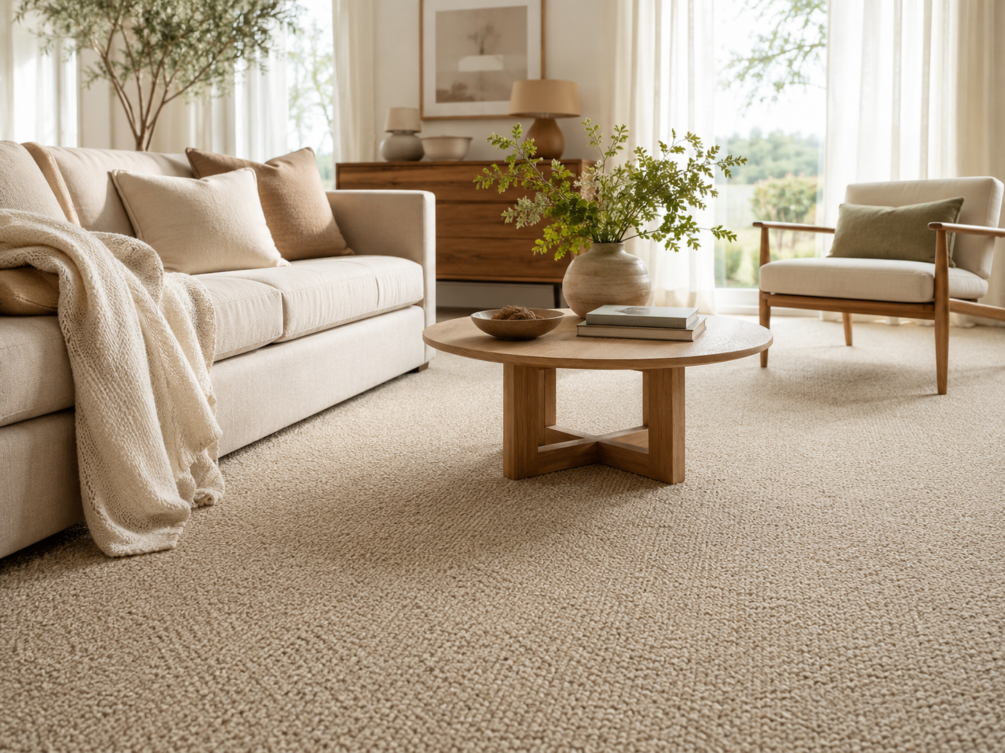 Natural wool carpet in a calm living room with soft furniture and warm light