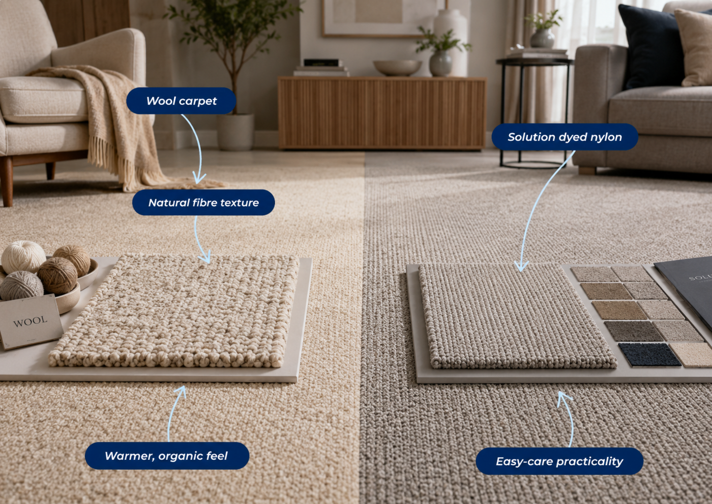 Wool carpet and solution dyed nylon carpet samples compared side by side