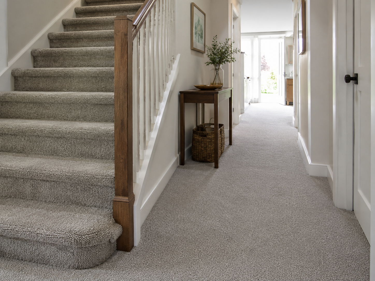 Carpeted stairs and hallway showing a high traffic area