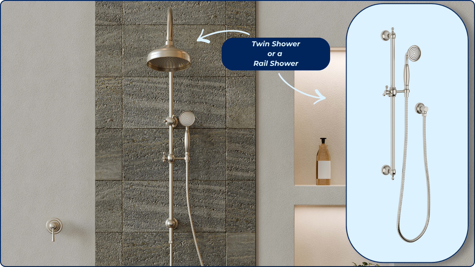 Farmhouse twin shower with overhead rain shower and hand shower in brushed nickel
