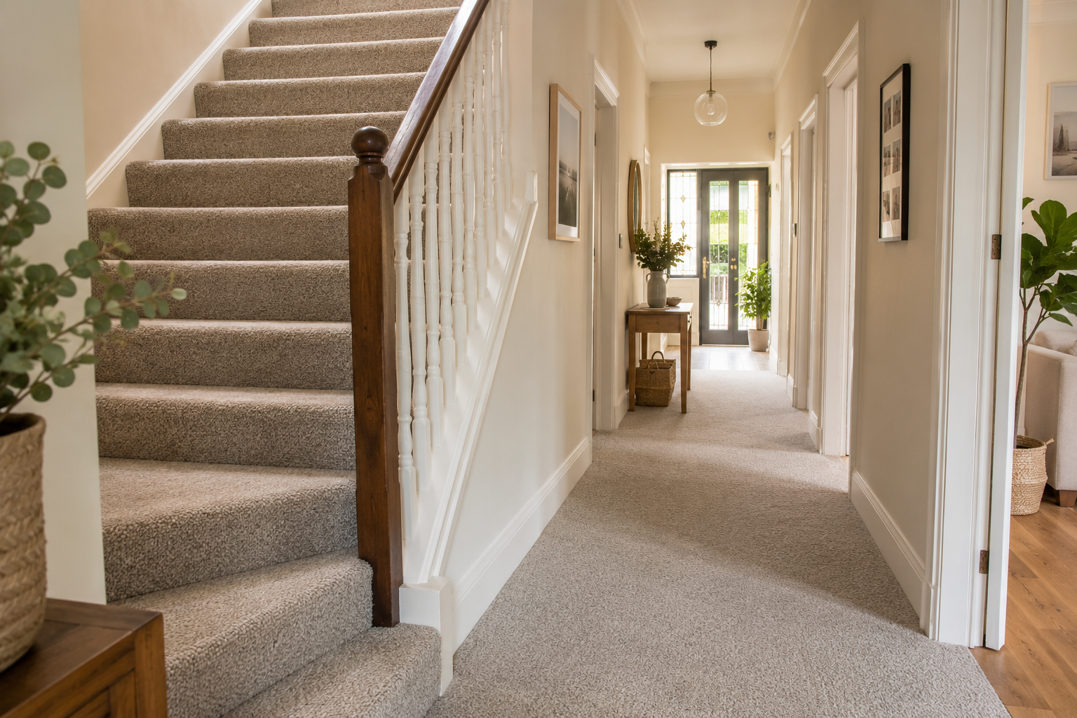 Carpeted stairs and hallway showing durable carpet for a busy Melbourne home