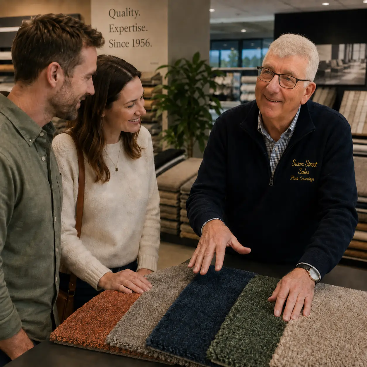 Customers receiving carpet advice in a Richmond showroom