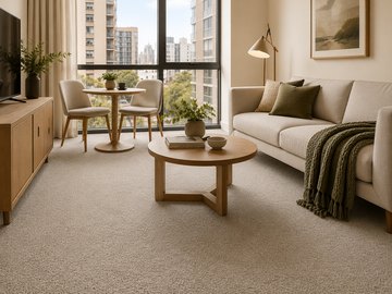 Compact apartment living room with carpeted floor