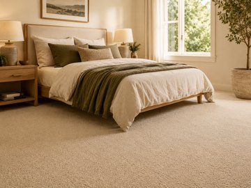Soft neutral carpet in a bedroom with bed and bedside table