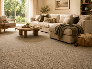 Family living room with sofa, coffee table and carpeted floor