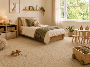 Kids bedroom or playroom with soft carpet and simple toys