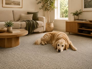 Pet resting on a carpeted floor in a home