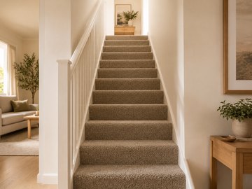 Carpeted staircase showing carpet fitted across stair treads