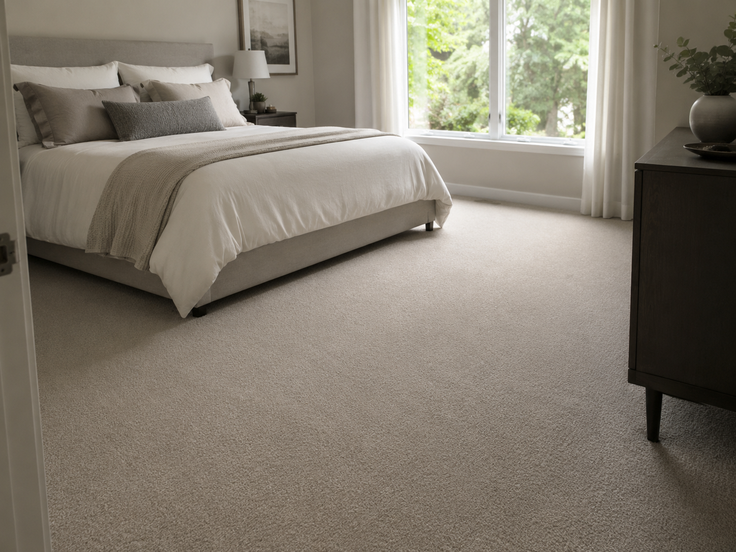 Soft neutral bedroom carpet in a calm bedroom setting