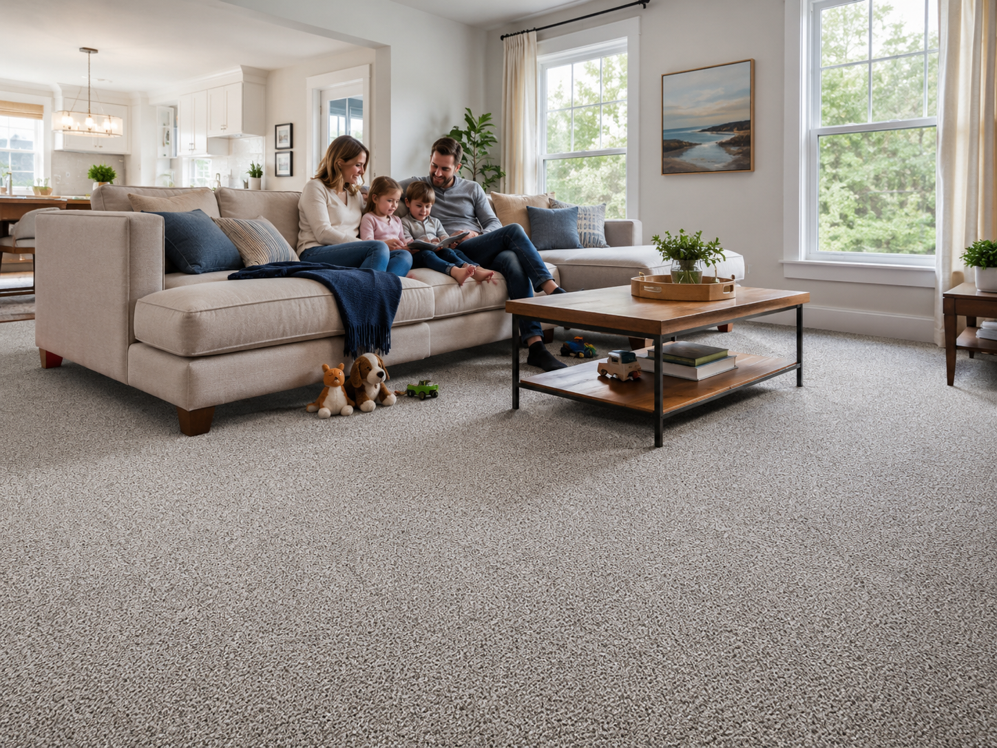Family room with carpet, sofa and everyday living furniture