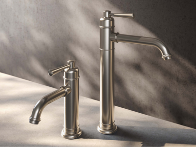 Brushed nickel tapware finish with a warm silver tone