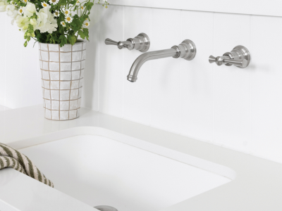 Chrome tapware finish with a bright reflective silver surface