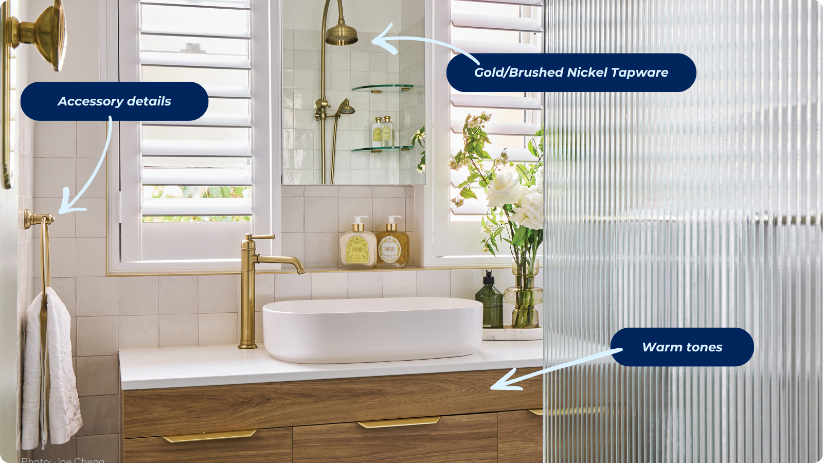 Modern farmhouse bathroom with heritage-inspired tapware, warm natural materials, and clean contemporary lines