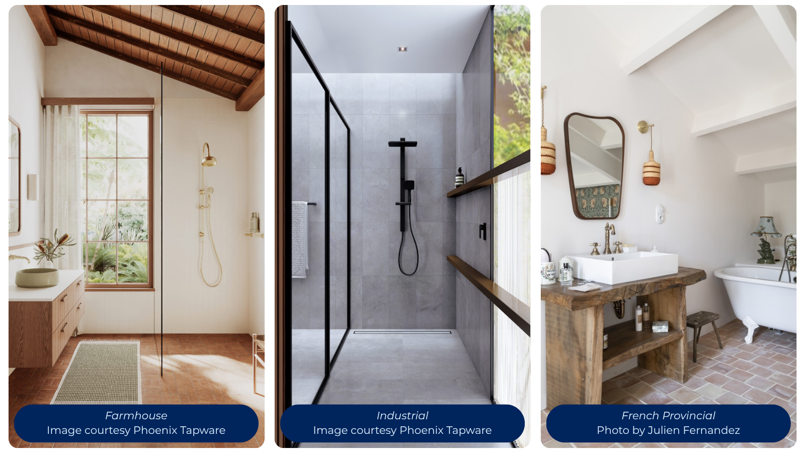 Comparison of modern farmhouse, industrial, and French provincial bathroom tapware styles showing different levels of decorative detail