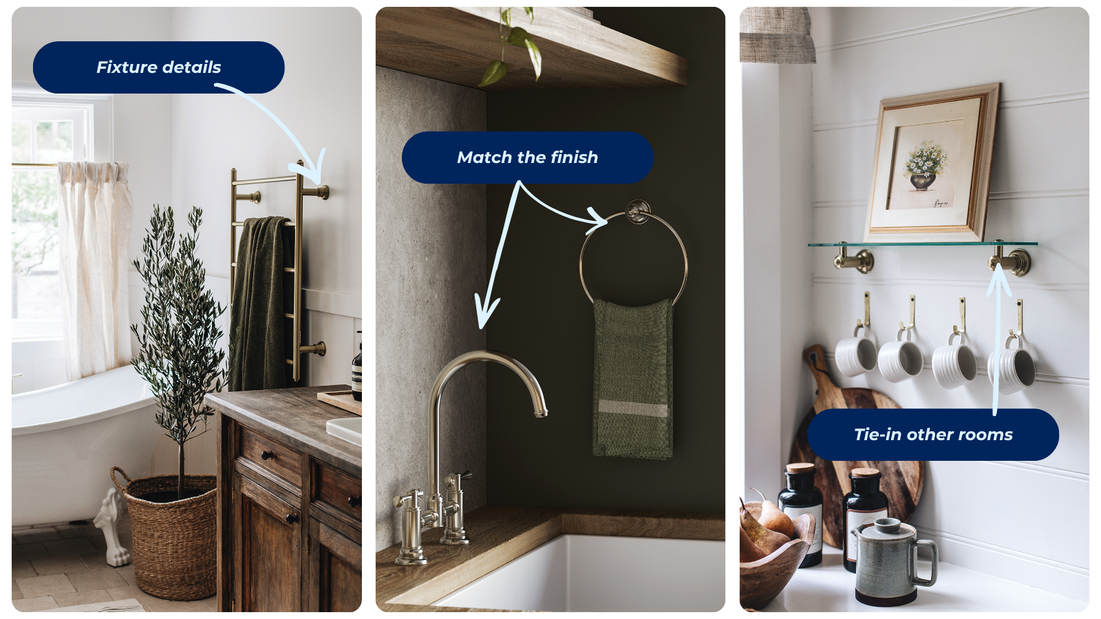 Matching farmhouse bathroom accessories in brushed nickel, including a towel rail, robe hook, and toilet roll holder