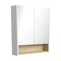 Fienza Satin White 750 Mirror Cabinet with Display Shelf Scandi Oak Insert PSC750SMWS