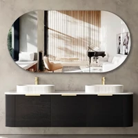 Otti 1800mm Wall Hung Curved Vanity with Natural Carrara Marble Top Bathroom Cabinet Black Oak Bondi BO1800BST-NCA
