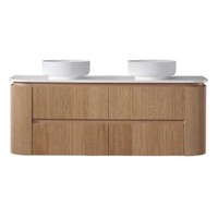 Avia Bristol Fluted 1500 Double Bowl Cabinet Timber Look Wall Hung Vanity w Phoenix Stone Top Rose Wood CWH68-1500DA6