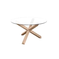 Sala 1300mm Round Dining Table 12mm Tempered Glass Top Solid Oak Legs Natural