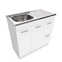 Fienza Citi UniCab 900mm Kitchen Sink & Cabinet Cupboard Laundry Storage Unit On Kickbpoard RHB White CIT90NKWR