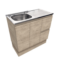 Fienza Citi Edge 900mm Kitchen Sink & Cabinet Cupboard Laundry Storage Unit on Kickboard LHB Scandi Oak CIT90SKR