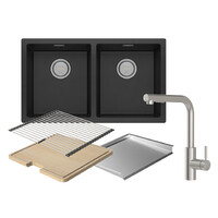 Phoenix Tapware Sink Package 1: Double Bowl Sink + Vivid MKII Pull-Out Mixer + Accessories 312-2029-51